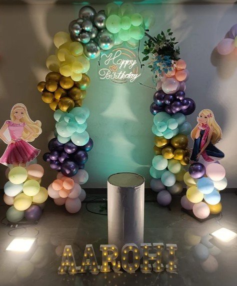 Barbie themed birthday balloon arch for Aarohi